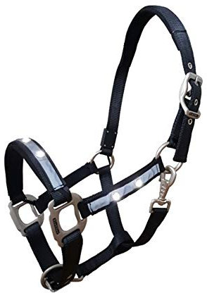 Reinecke Equestrian Premium Leuchthalfter Reflexhalfter Sicherheitshalfter Stallhalfter Weidehalfter LED-Nylonhalfter Starlight (Pony, schwarz/Silber)