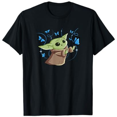 Star Wars The Mandalorian Grogu with Blue Butterflies Cute T-Shirt