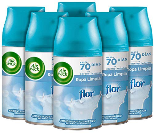 Air Wick Freshmatic - Recambios de ambientador spray automático, Esencia para casa con aroma a Flor Ropa Limpia, Azul, 250 ml (Paquete de 6)