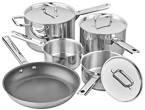 Tala Performance 5 Piece Stainless Steel Cookware Set, Saucepans with Stainless Steel lids, 16, 18cm deep and 20cm deep with Helper Handle, Milk pan, Non-Stick Fry Pan, Polished Mirror Shine Finish