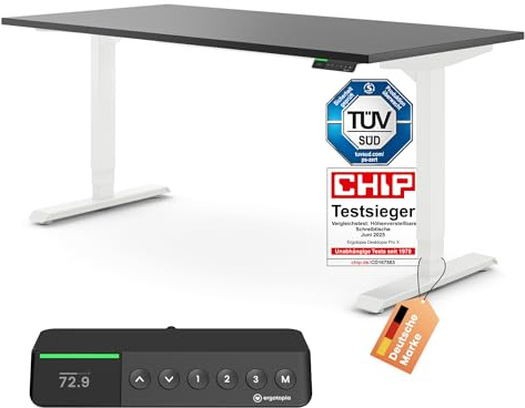 Ergotopia Desktopia Pro X Elektrisch höhenverstellbarer Schreibtisch, Ergonomischer Stehtisch für Büro oder Home Office (Schwarz, Gestell Weiß, 180 x 80 cm)