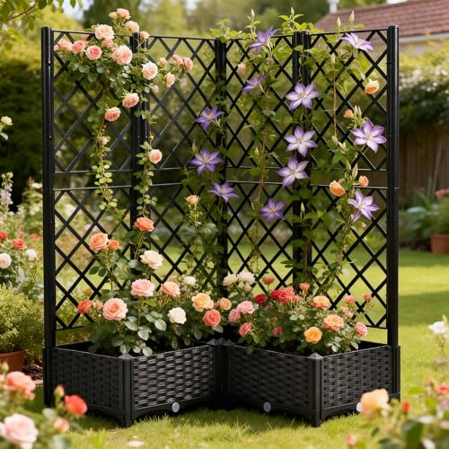 Mingone blumenkasten mit rankgitter 80x80x121cm Schwarz | Pflanzkasten für Kletterpflanzen, 3 Pflanzgefäße, Wasserspeicher, Balkonkasten, Rattan Optik, Für Garten Terrasse
