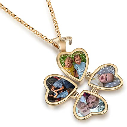 Updated Personalized Heart Locket Necklace Jewelstruck Gold Locket with Picture for Women Mom Custom Lucky Four Leaf Pendant Vintage Jewelry Gifts for Mother Wife Girlfriend Birthday Christmas