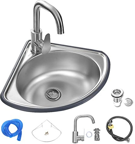 Lavandino da Cucina ad Angolo in Acciaio Inox - Lavello a Vasca Singola Triangolare Piccolo per Cucina Bagno (con Rubinetto e Tubo di Ingresso)