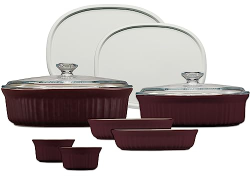 CorningWare Ceramic Bakeware Set with Lids, Chip and Crack Resistant Stoneware Baking Dish, Microwave, Dishwasher, Oven, Freezer and Fridge Safe, 10-Piece French Cabernet