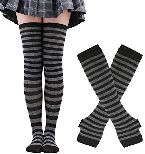 Thajaling dam randiga knästrumpor, overknee strumpor, dam thigh highs fingerlösa handskar knähöga strumpor set, randiga långa strumpor hål vantar, Grå / svart, one size