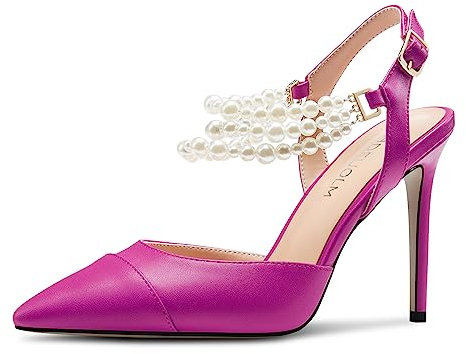 HDEUOLM Donna Spillo Alto High Tacco Heel a Punta Sandali Cinturino alla Caviglia Slingback Fibbia Pumps Perle da Matrimonio Dress 10 CM Heels Fucsia 35 EU