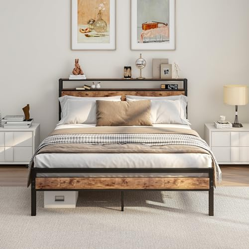HOJINLINERO King Size Bed Frame with Storage Wooden Headboard,Bed 150x200 cm,Metal Bed Frame Kingsize Bed Base Mattress Foundation,Metal Slats Support,Platform Bed Frame Double Bed,Black+Rustic Brown