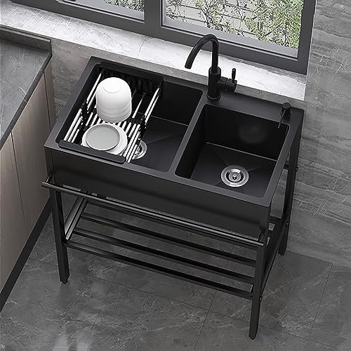 Lavandino Cucina,Lavello Da Esterno,Mobile Lavatoio In Acciaio Inox,Indipendente,Doppia Vasca Di Capacità,Lavandini Da Giardino Campeggio,Con Rubinetto,Lavelli Da Esterni,Lavabo Di Grandi,Nero ( Size