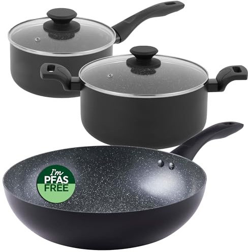Progress COMBO-8964 Marble Ceramic Pan Set – 3 Piece with 20 cm Saucepan, 24 cm Stockpot, 28 cm Stir Fry Pan, Healthy Ceramic Non-Stick Coating, PFAS-Free, Induction, Lightweight Aluminium Cookware