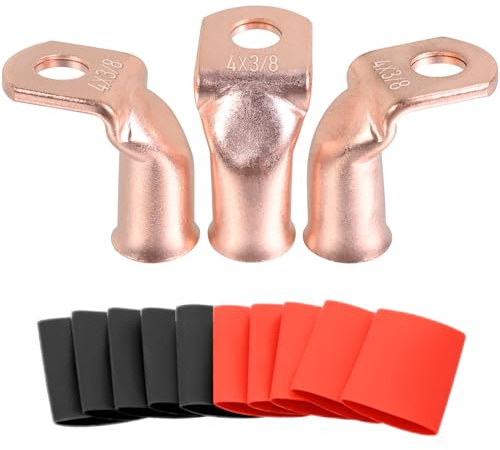 90° Copper Cable Lugs 10pcs 4 AWG-3/8 90 Degree Bent Battery Lugs,Heavy Duty Wire Copper Lugs,Ring Terminal,4 Guage terminals,Battery Cable Ends/Terminal Connectors with 10pcs 3:1 Heat Shrink Tubing