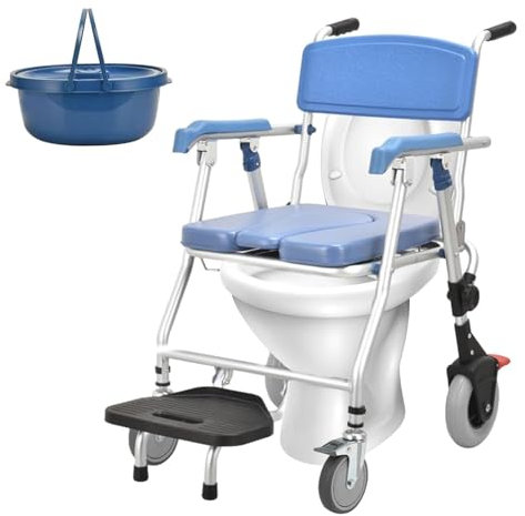 Commode Toilettenstuhl Nachtstuhl für Erwachsene Toilettenstuhl für Senioren mit Rädern, 3-in-1-Duschtoilettenstuhl mobil mit Urineimer, behindertengerechter Toilettensitzrahmen WEWYQSJXBXF-4328