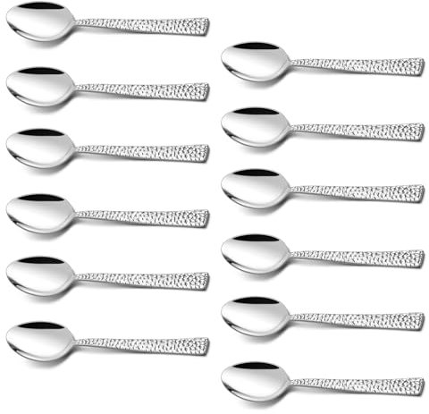 Onader 12 Pieces Teaspoons, Stainless Steel Hammered Tea Coffee Spoons with Square Edge, Small Metal Dessert Spoons for Home Restaurant Party, Mirror Finish & Dishwasher Safe, 13.5cm