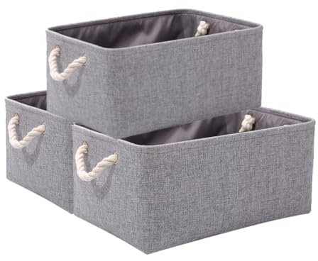 June Tech 3 Pcs Fabric Canvas Storage Boxes with Handles - Small Grey Storage Basket for Cupboards, Shelves, Toys, Clothes, Office