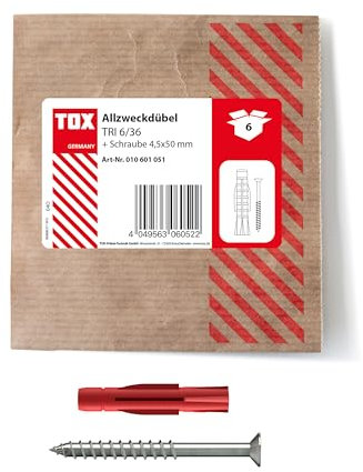 TOX 6x36 mm Allzweckdübel TRI Schraube, Dübel für zuverlässige Befestigungen in Fast Allen Baustoffen, 6 Stück in Einer wiederverschließbaren und umweltschonenden Papierverpackung, 010601051, Rot