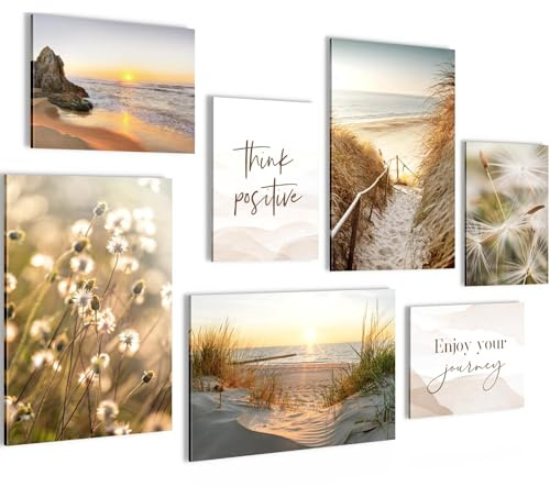 Novart Bilder Strand Meer Boho - KOMPLETT AUFHÄNGFERTIG - Beige Wohnzimmer Schlafzimmer Flur - 7 Moderne Mood-Bilder - N034772a
