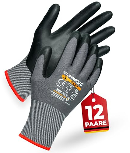 PRESTIGION 12 Paare Arbeitshandschuhe Herren Größe 7-S | Arbeitshandschuhe mit Rutschfeste Nitril, Beschichtung , Robust und Abriebfest Handschuhe Arbeitshandschuhe