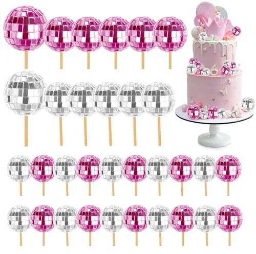 30pcs Disco Ball Cupcake Toppers - 70s Retro Cake Decorations with Stick, Disco Ball Cake Decorations, Mini Disco Ball, Disco Party Decorations for Disco Theme Party 70s Theme Party Favor
