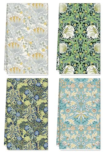 JarThenaAMCS 4Pcs William Morris Kitchen Towel Retro Floral Greenery Dish Towels 18 x 28 Inch Hand Drying Tea Towel for Cooking Baking Cleaning