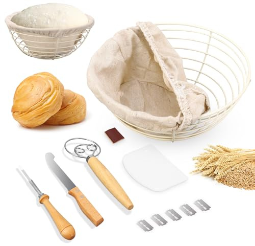 Sourdough Baking Kit with Round Bread Proofing Basket Metal Fermentation Bowl and Bread Making Accessories Including Dough Scraper Cutter Whisk for Home Bakers