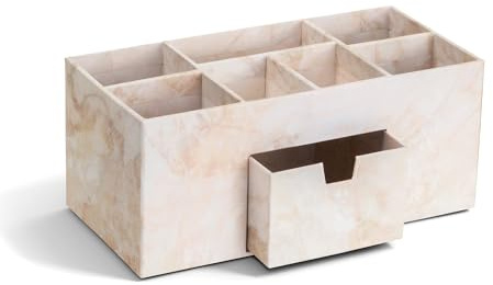 BIGSO VENDELA Schreibtisch Organizer mit 7 Fächern und Schublade – Ablagebox aus Faserplatte und Papier – Schreibtischset für Büromaterial – beige