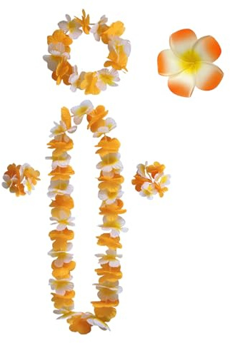 Lilbitty 5Pcs Blumenkette Deko Leis Blumenketten Hawaii Ketten Blumen Mit Halskette Stirnband Armband Haarclips, Luau Blumengirlande FüR Hawaii Strandpartys Hochzeit, orange weiß