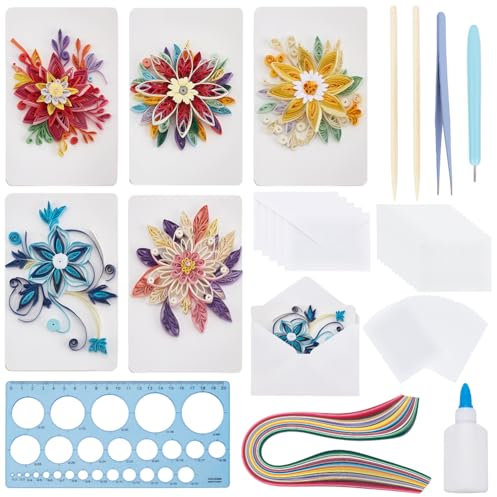 WEBEEDY 20 Set Papier Quilling Kit Für Erwachsene Anfänger DIY 5 Styles Blumen Grußkarten Bastelset Mit Anleitung Blumen Quilling Karte Für Geburtstag Muttertag Hochzeit