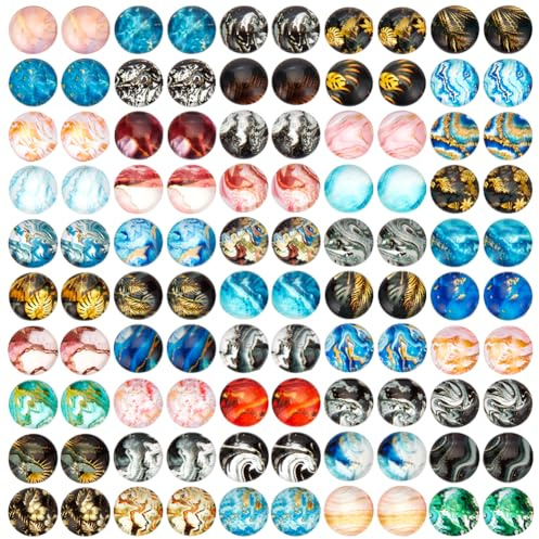 PH PandaHall 100pcs 50 Styles Marmor gedruckt Glas Cabochons, 10mm Blatt Welle Glas Cabochons Halb Runde Kuppel Cabochons Flatback Kacheln für Foto-Anhänger Cameo Ohrring Armband Schmuckherstellung