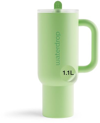 waterdrop® Thermobecher mit Strohhalm 1,1L – Auslaufsichere, robuste Trinkflasche mit aufklappbarem Trinkhalm, Hält 12h kalt, Trinkbecher mit Deckel, isolierte Edelstahlflasche