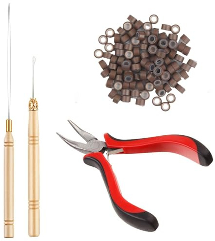 Hair Extensions Tools Kit - Professional Set with Hair Extension Pliers, Loop Threader, 200PCS Brown Silicone Hair Extension Rings/Beads/Links