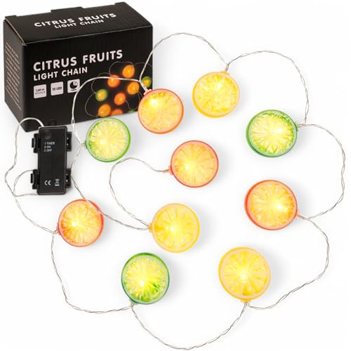 MIJOMA LED-Lichterkette Citrus Früchte – 12 LEDs, 1,60 m, Timer 6/18 Std., IP44, Batteriebetrieb (2x AA) – Dekorative Beleuchtung für Innen & Außen