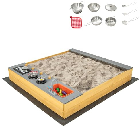 SOARS Sandkasten 135 x 125 x 20 cm, Sandkiste aus Tannenholz mit 9 Küchenzubehör & Wasserhahn & Waschbecken, Bodenauskleidung, Sandbox mit Sitzbank für Hinterhof, Strand, Garten