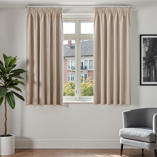 TOPICK Gardinen mit Kräuselband 100% Verdunklungsvorhänge Vorhänge Blickdicht Wohnzimmer Schlafzimmer Leinenoptik Thermovorhang Fenstergardine, H145xB140 cm Übergardinen Landhausstil 2er Set Beige