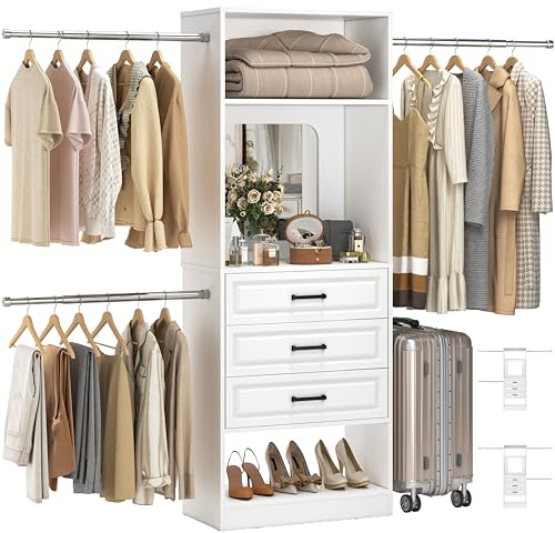 Unikito 48 W - 96” W Closet System with Mirror, 8FT Walk in Closet Organizer Kits with Drawers and 3 Extendable Hanging Rod, Sturdy Wood Clothing Garment Rack with 25” Tower, Max Load 1000 LBS, White