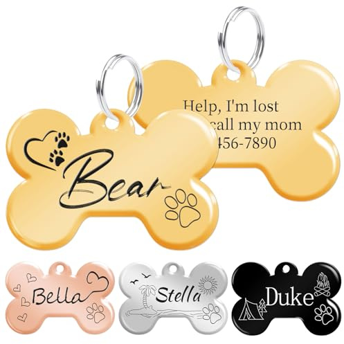 Hundemarke mit Gravur, Personalisiert Adressanhänger Hund, Personalisierter Doppelseitige Graviertes Identifikationsetikett für Haustierhalsband, Knochenform, Gold