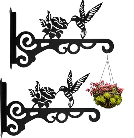 Fyeme 2 Stück Blumenampel Halterung 25cm Wandhaken Blumenampel Metall Kolibri Blumenmuster Haken für Blumenampel zum Aufhängen von Blumentöpfen Wandlampen Vogelnestern Laternen Windspielen (2)