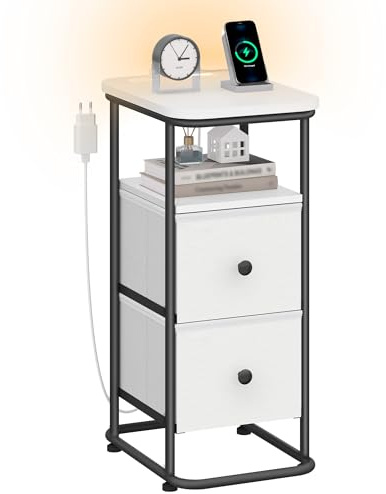 Hzuaneri Nachttisch, Schmal Beistelltisch mit LED-Beleuchtung, 1 USB-A-Anschluss, 1 USB-C-Anschluss, Nachttische mit 2 Stoff-Schubladen, für Schlafzimmer, Wohnzimmer, Weiß-Schwarz NS12113B