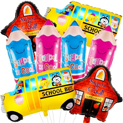 8 globos de regreso a clases, autobús escolar, casa roja, azul, lápiz, rosa, globos de aluminio, para decoración de fiesta de bienvenida de regreso a clases, decoraciones del primer día de escuela