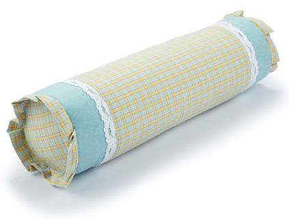 EDMILE Buchweizen-Nackenrolle, verstellbare Nackenrolle, Zylinderkissen mit Karomuster und Spitzenbesatz, feste Halswirbelstütze, runde Kissen, Nackenschmerzen für Nickerchen (40,6 x 10,2 cm) (Blau)