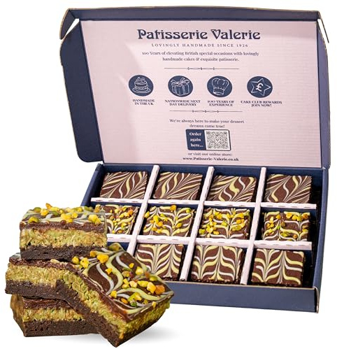 Patisserie Valerie Dubai Chocolate Brownies with Pistachio Cream & Kunafa Crunch, Box of 12 | Rich Fudgy Letterbox Brownie Gift Box | Dubai Style Chocolate & Pistachio Treat, Handmade Since 1926