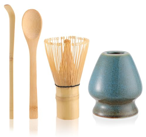 Mycketop Starter Matcha Set 4 Pièces Fouet en Bambou Pelle, Cuillère, Support Fouet en Céramique Accessoire de Démarrage pour Cérémonie du Thé Japonaise, Cadeau pour Amateurs de Matcha, Brûlé au Four