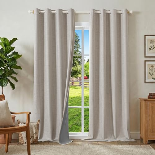 Runyéla 100% mörkläggande termisk isoleringsgardin anti-värme 140 x 245 cm, set med 2 linne ogenomskinliga fönstergardiner med öljetter grå vit anti-kyla anti-UV anti-buller, inredning omklädningsrum