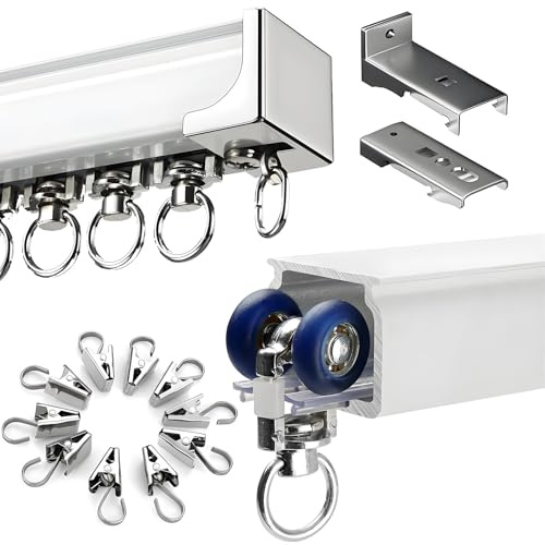 Vorhangstange Deckenmontage mit Gardinen Clips, Gardinenschiene 1 läufig Raumteiler Schiene Aluminium Vorhangschiene 50cm 120cm 260cm 350cm 480cm 600cm Wandmontage(70cm)