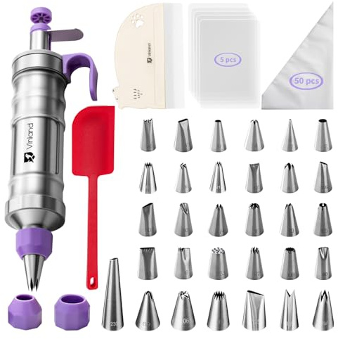 Dessert Decorating Syringe Set icing piping kit Stainless Steel frosting piping kit with 31 professional piping tips 50 disposable piping bags 1 silicone spatula 1 set of soft cake scrapers, Purple