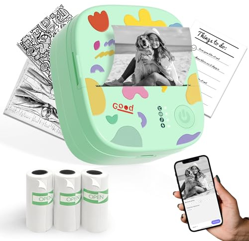 XenGro Mini Drucker für Smartphone, Sticker Thermodrucker Fotodrucker mit 4 Rollen Papier, Bluetooth-Drucker ohne Tinte, für kreative Bastelarbeiten von Kindern, Tagebücher, Studiennotizen - Grün