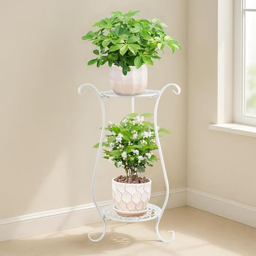 Y.H BLISSHAVEN 2 Tier Metal Plant Stand Indoor Outdoor, Tall Flower Pot Holder Display Rack, Plant Shelf Table for Garden Patio Balcony Living Room Corner, Black Metal Plant Rack 61x33cm (White)