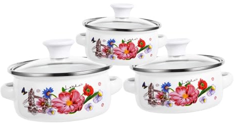 MOTHNUR Set Pentola Smaltata da Cucina 3 Pezzi Doppio Manico, Pentola Piccola per Zuppa e Brodo Coperchio, Adatta per Cucina Quotidiana e Preparazione di Cibi Liquidi