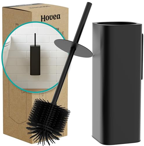 Hovea - Escobilla WC de Pared - Escobilla Silicona y Soporte Metálico - Sin Taladro - Fijación Mural con Adhesivo o Tornillos - Cepillo de Baño - Negro Mate - WC3680