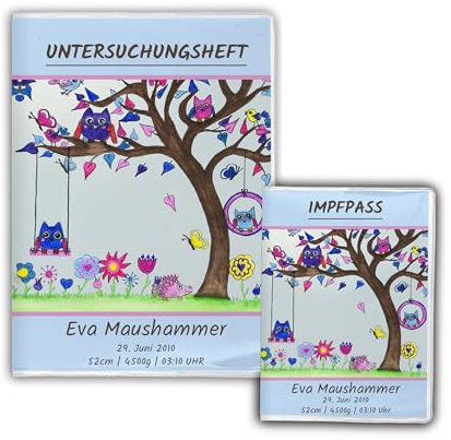 Personalisierte U-Heft Hülle & Impfpasshülle, U-Heft Set 2-teilig, Eulen | Mit Name & Geburtsdaten, Geschenk zur Geburt