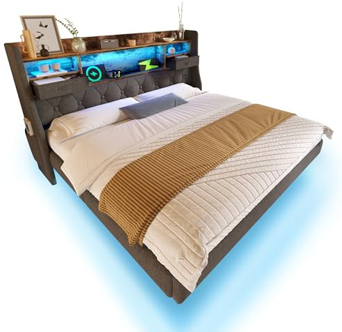 Polsterbett Schwebebett mit LED-Beleuchtung, Kopfteil und Ladestation(1 Type-C, 3 USB-Anschlüsse), Modern Doppelbett mit Stauraum-Kopfteil und lattenrost, Leinen, Grau(180x200cm(Ohne Matratze))